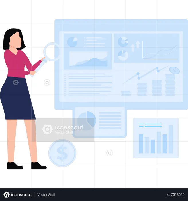 Chica trabajando en gráfico de negocios  Ilustración