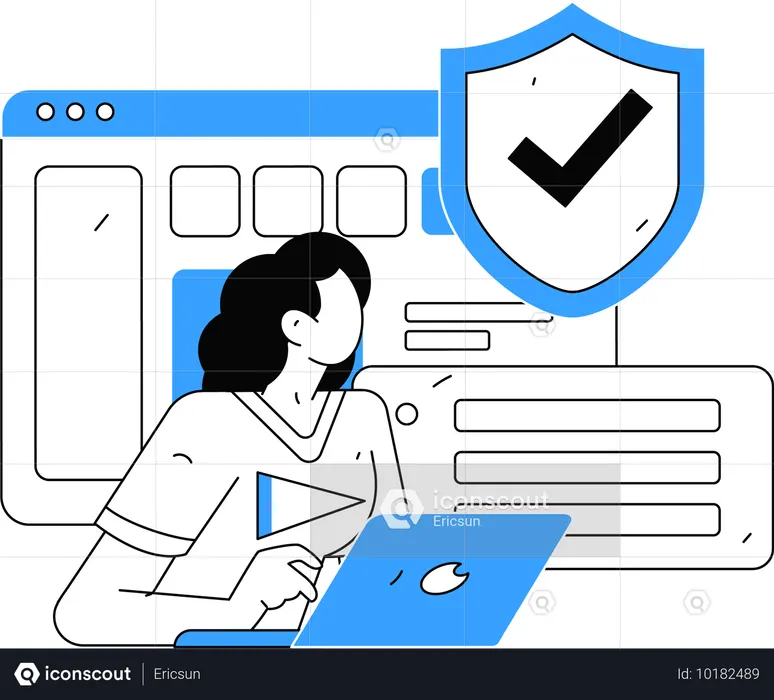 Chica trabajando en una computadora portátil con seguridad del sistema  Ilustración