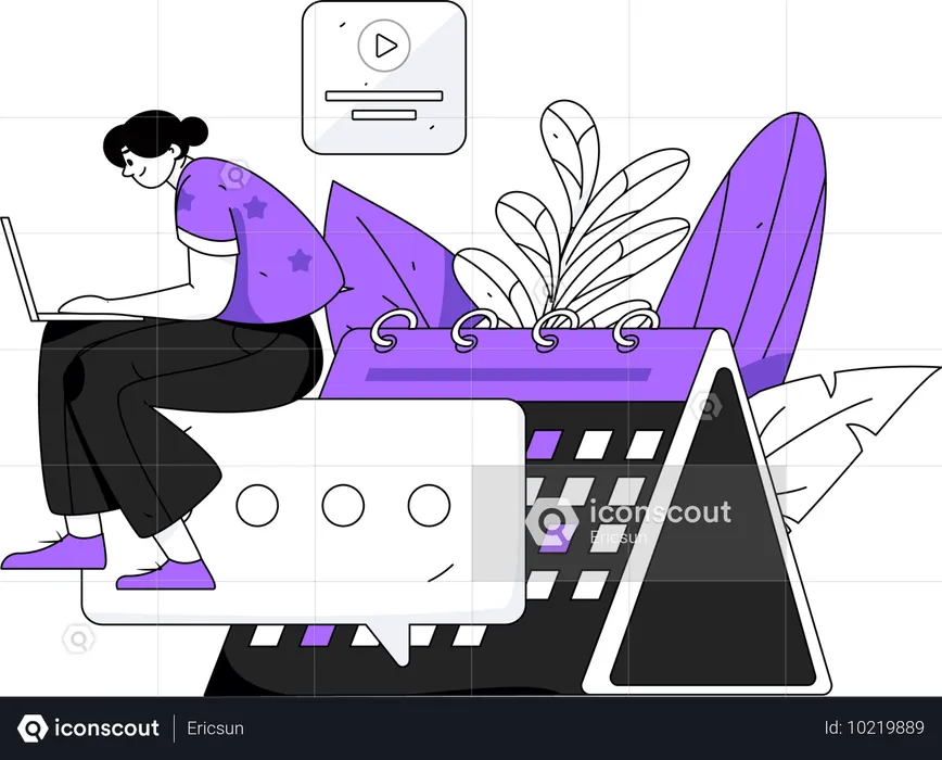 Chica trabajando en una computadora portátil mientras hace un cronograma de tareas  Ilustración