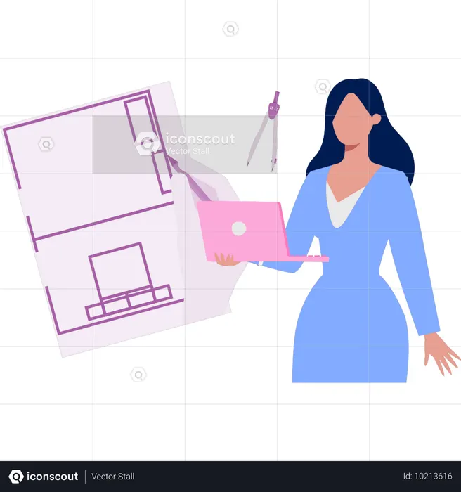 Chica trabajando en la construcción del arquitecto en la computadora portátil  Ilustración