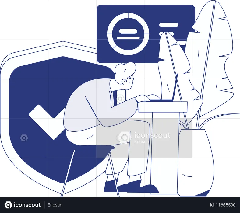 Chica trabajando en una computadora portátil con seguridad del sistema  Ilustración