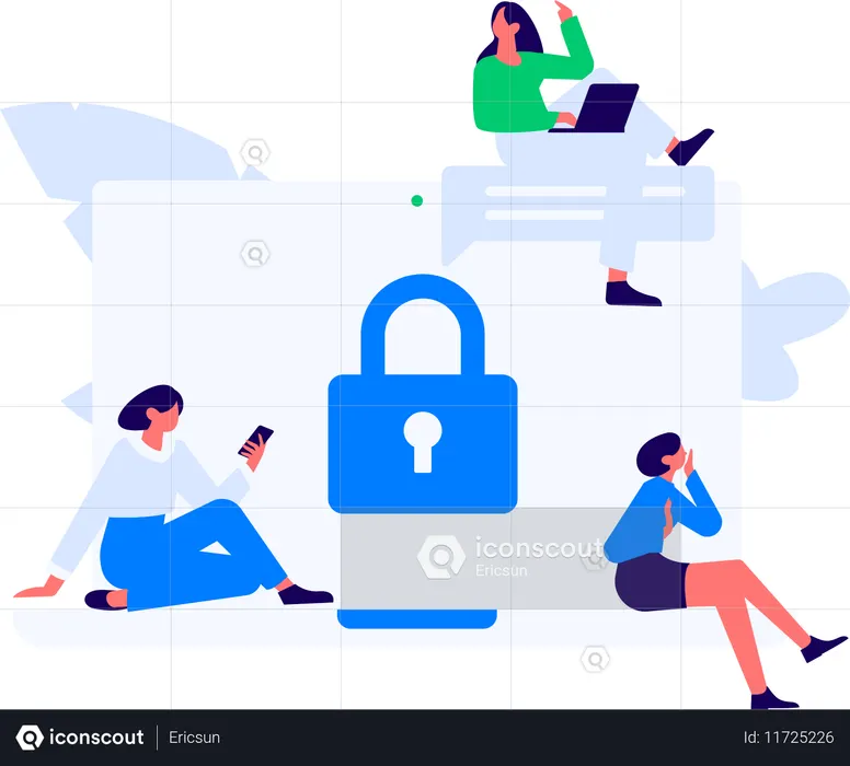Chica trabajando en una computadora portátil con seguridad del sistema  Ilustración