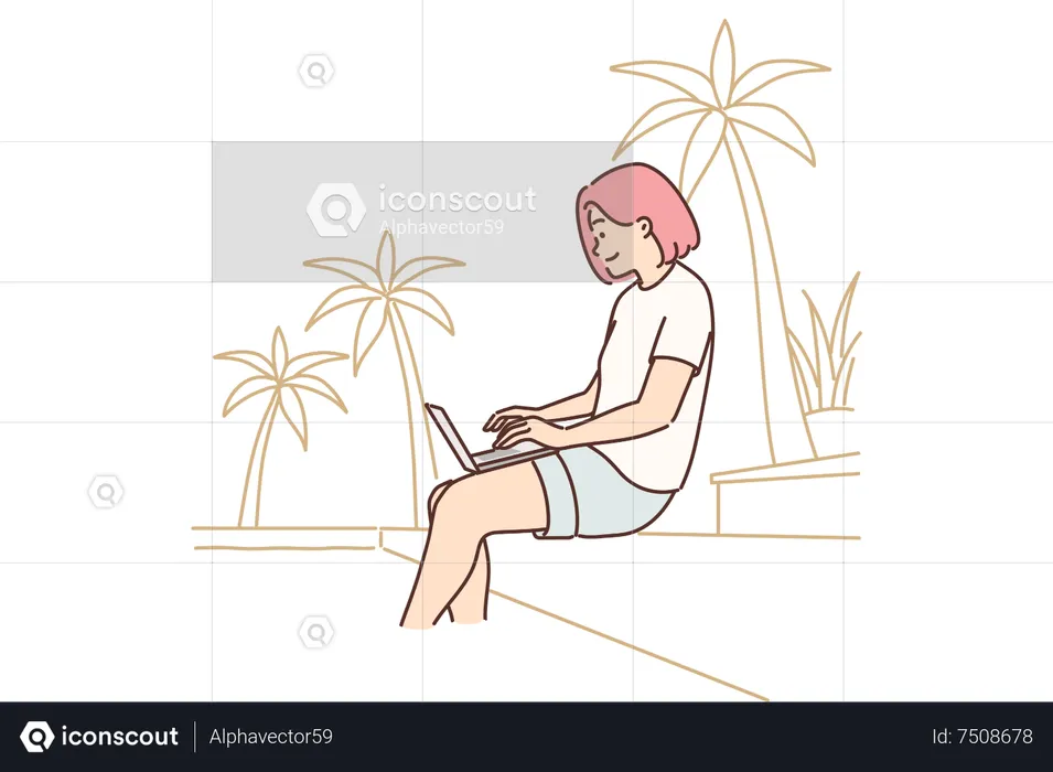 Chica trabajando de vacaciones  Ilustración