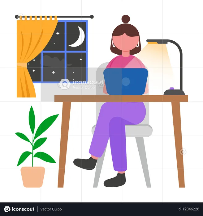 Chica trabajando hasta tarde en casa  Ilustración