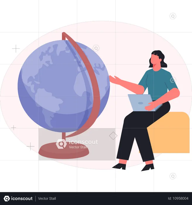 Chica trabajando en un mapa del mundo  Ilustración