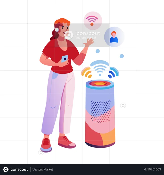 Chica usando un altavoz inteligente  Ilustración