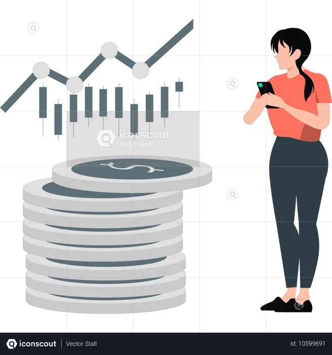 Chica usando un móvil y viendo un gráfico financiero  Ilustración