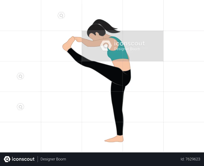 Chica de yoga parada sobre una pierna y toca el dedo del pie con la mano  Ilustración