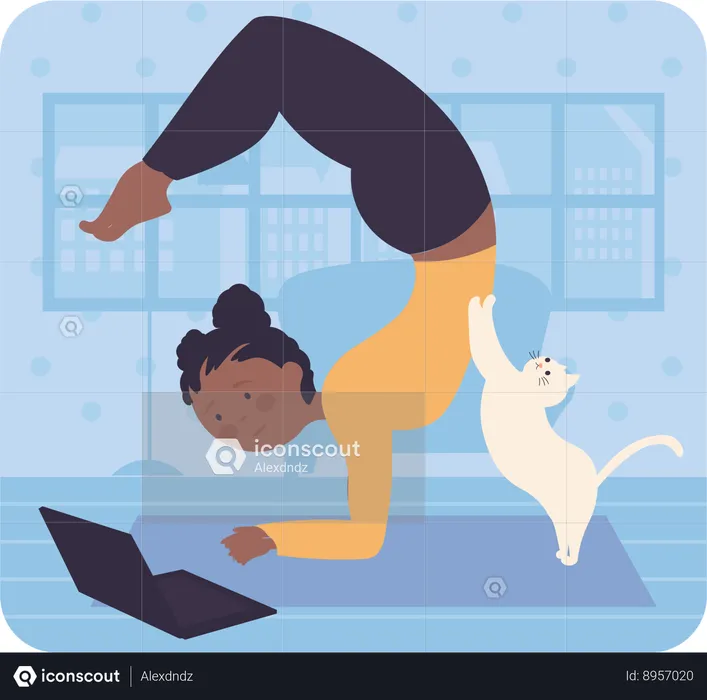 Chica de yoga haciendo yoga en línea  Ilustración