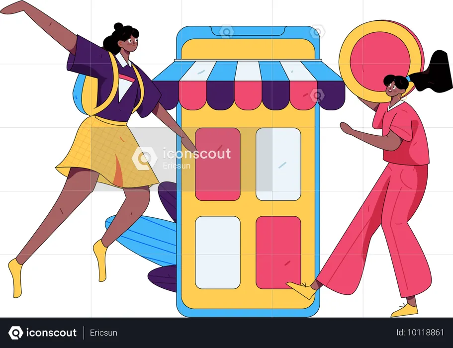 Chicas haciendo compras en línea  Ilustración