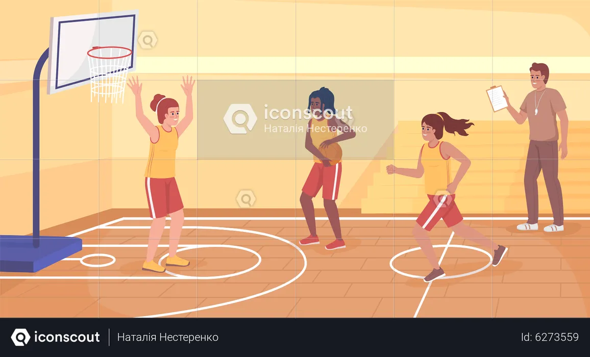 Chicas deportivas jugando baloncesto juntas  Ilustración