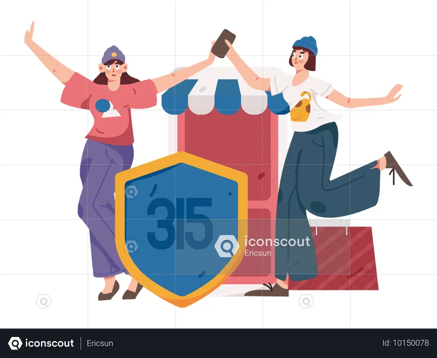 Chicas realizando pagos seguros de compras a través del móvil utilizando el código de seguridad 315  Ilustración