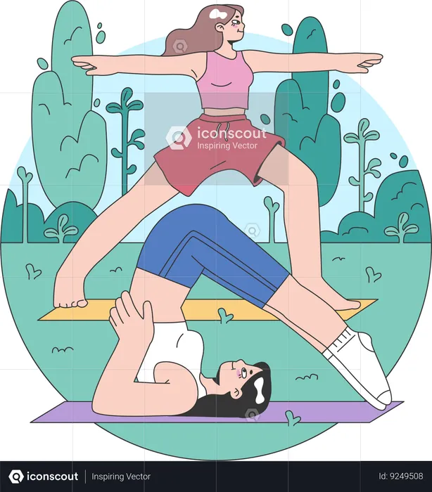 Chicas haciendo yoga al aire libre  Ilustración