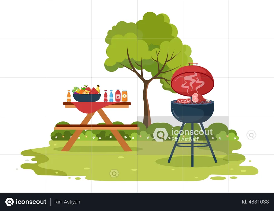 Chicken cooking on barbeque  Illustration