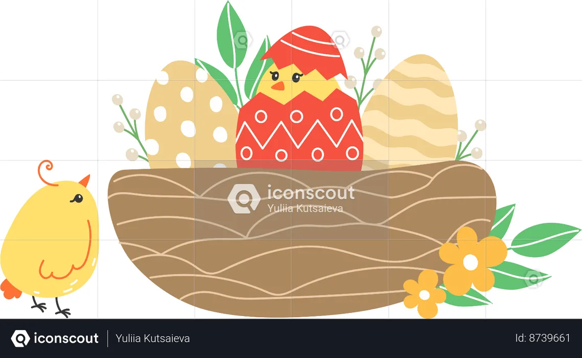 Chicks And Painted Eggs In Nest  Illustration