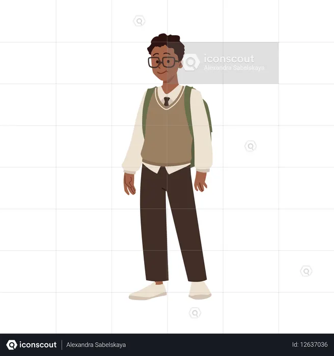 Chico afro de secundaria con mochila y gafas.  Ilustración