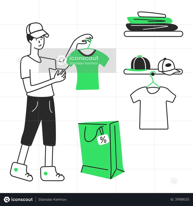 El tipo elige ropa en una tienda.  Ilustración