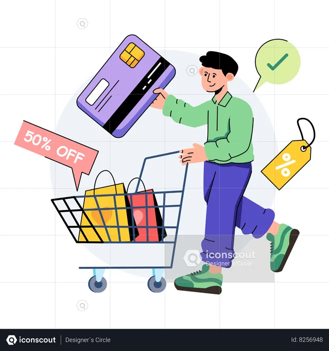 El chico está haciendo compras con tarjeta de crédito  Ilustración