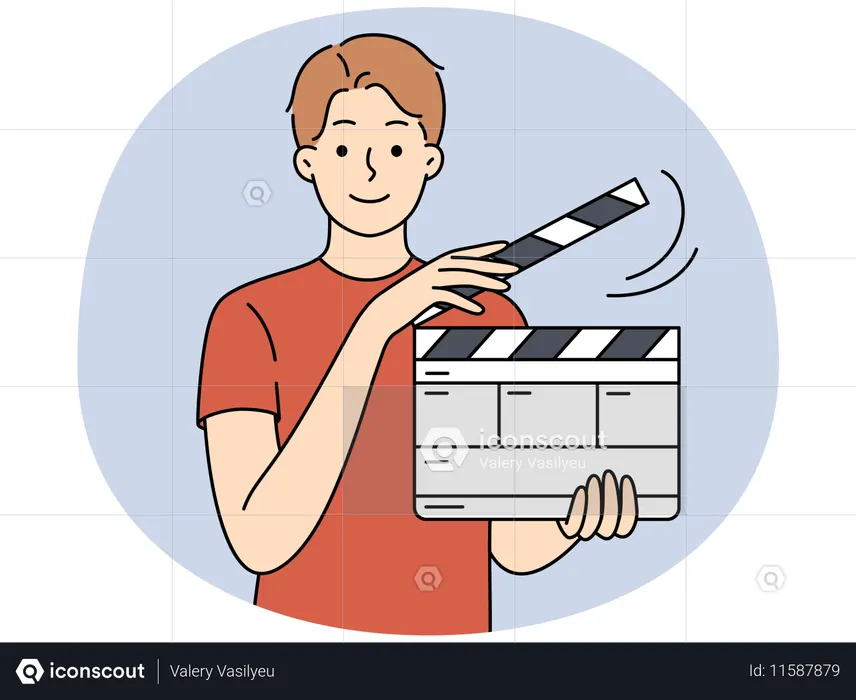 Chico feliz con película ondeando y mostrando un gesto con la mano  Ilustración
