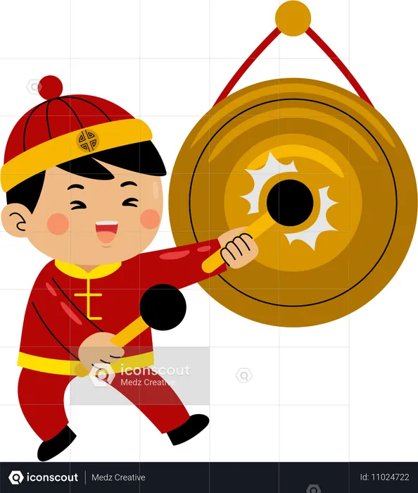 Niño tocando gong chino  Ilustración