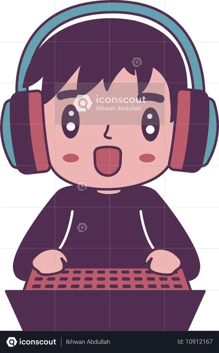 Chico jugador con auriculares disfrutando de un juego con una computadora portátil  Ilustración