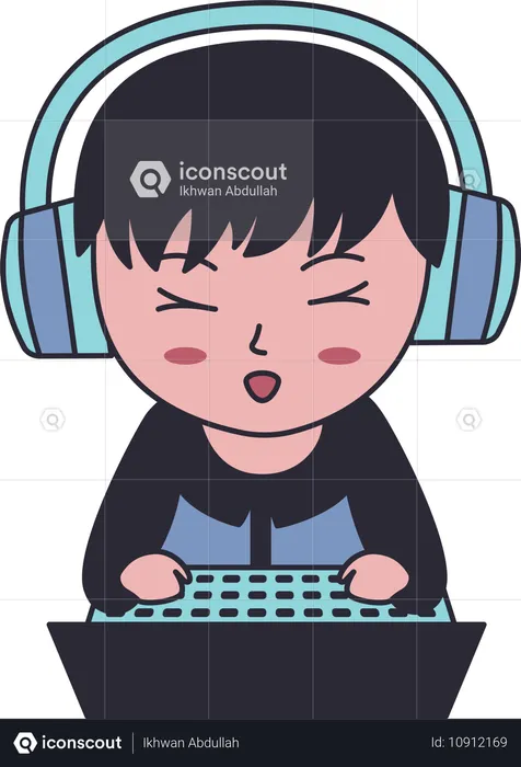 Chico jugador con auriculares disfrutando de un juego con una computadora portátil  Ilustración