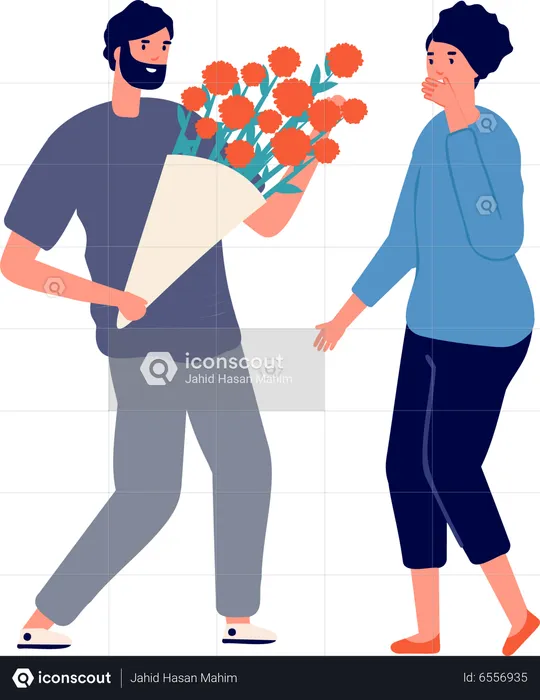 Niño dando ramo de flores a su novia  Ilustración