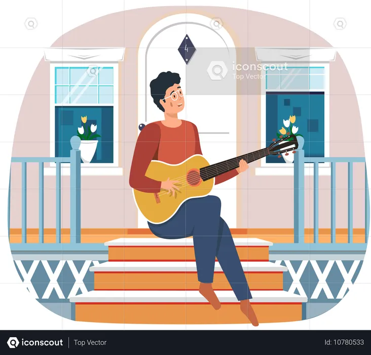 Un chico sentado en la puerta de su casa toca la guitarra  Ilustración