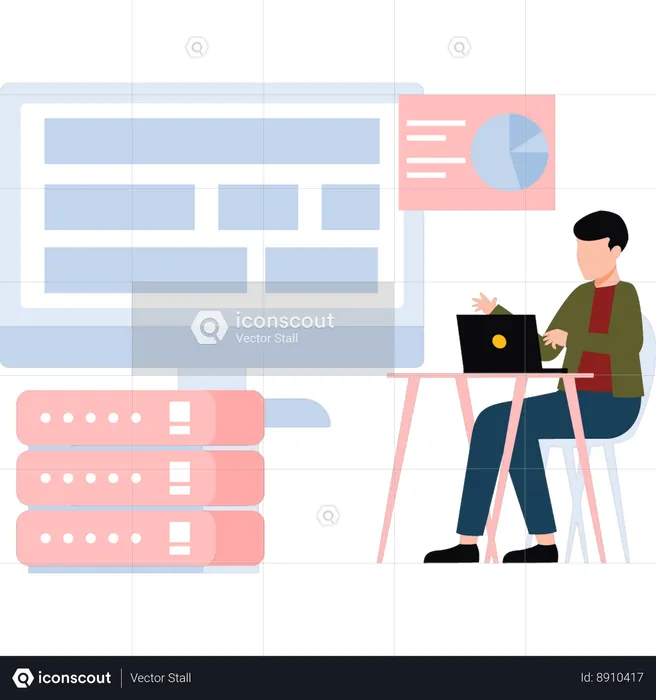 Chico usando una computadora portátil para el servidor de base de datos  Ilustración