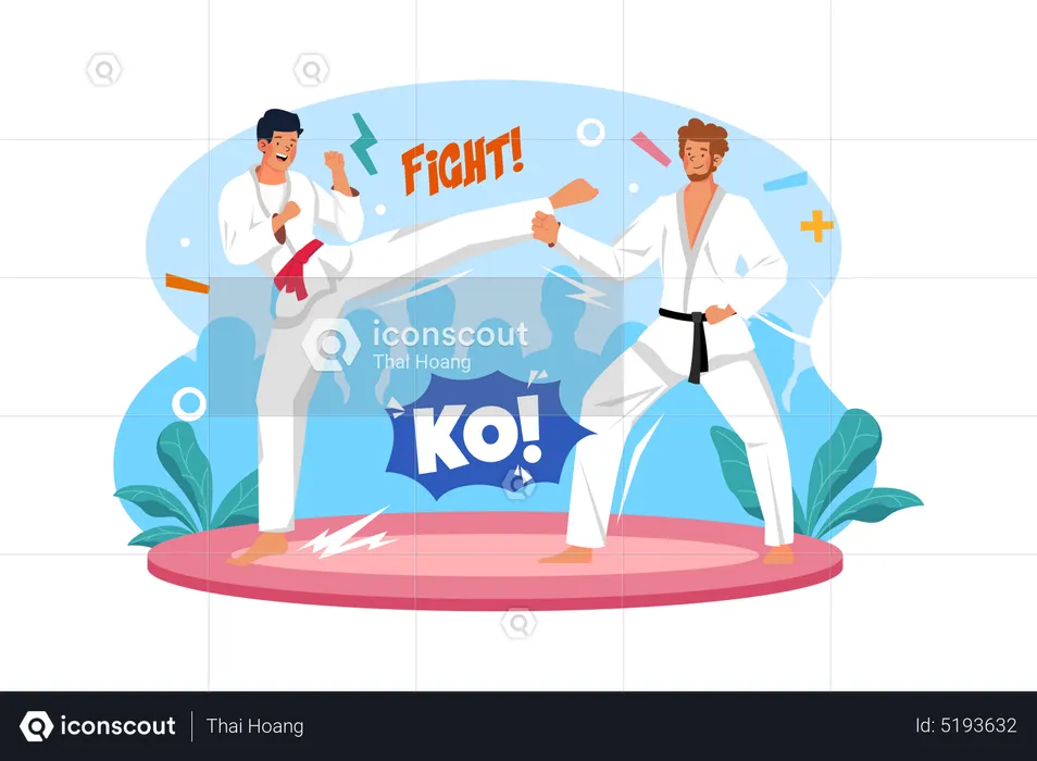 Chicos haciendo entrenamiento de karate.  Ilustración