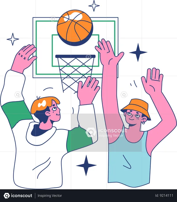 Chicos haciendo práctica de baloncesto.  Ilustración