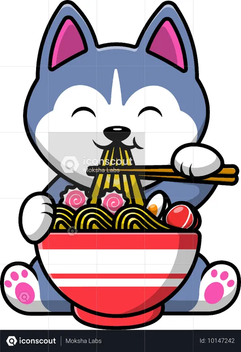 Chien husky mangeant des nouilles ramen  Illustration