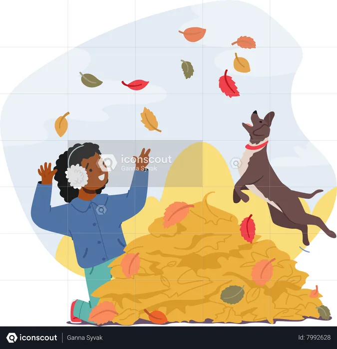 Child Boy And his Furry Companion Playfully Frolicking In A Pile Of Autumn Leaves  Illustration