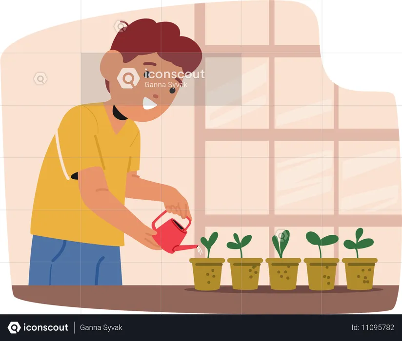 Child Boy Tenderly Waters Potted Plants  Illustration