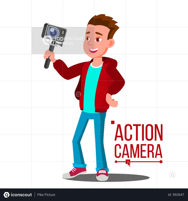 Child Boy With Action Camera Vector  Illustration