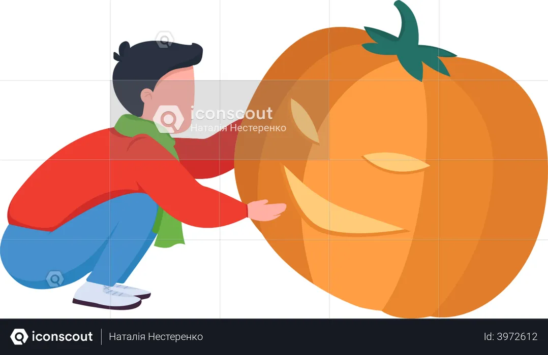 Child carving pumpkin  Illustration