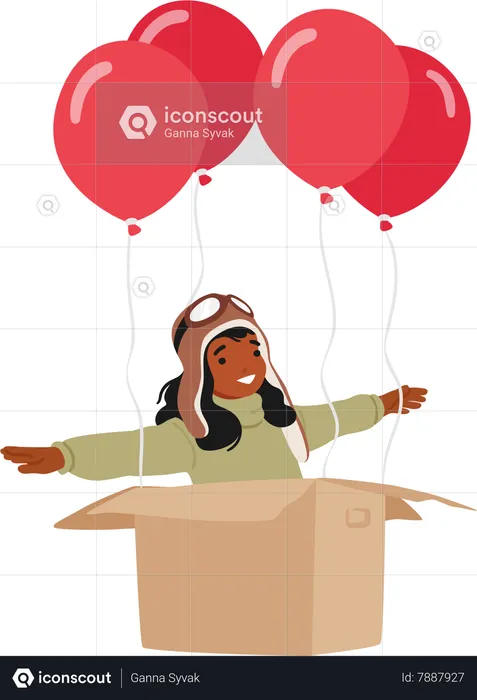 Child Character In Pilot Hat Sits In A Carton Box With Helium Balloons  Illustration