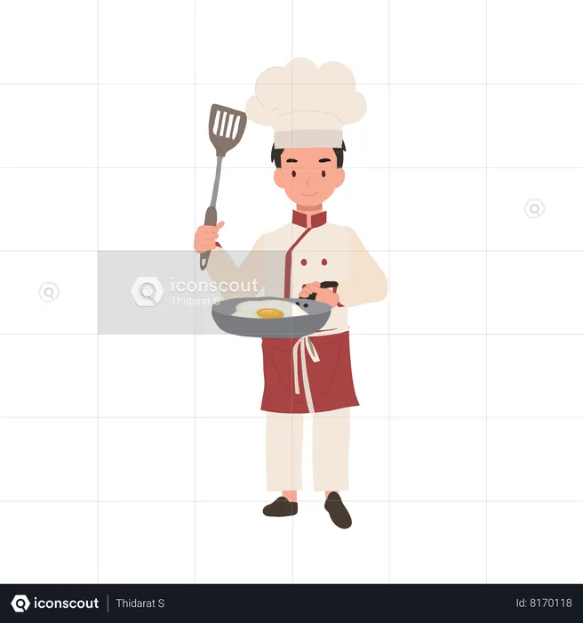 Child chef prepares a delicious fried egg  Illustration