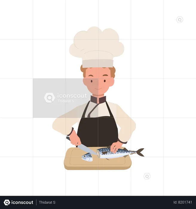 Child Chef Prepares Mackerel Fish  Illustration