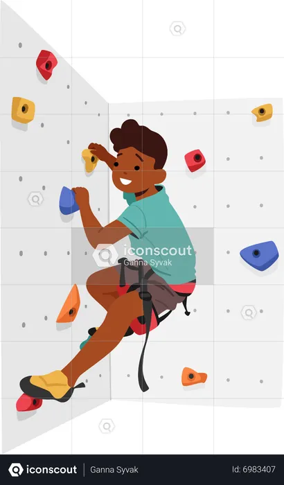 Child conquering climbing wall with determination  Illustration