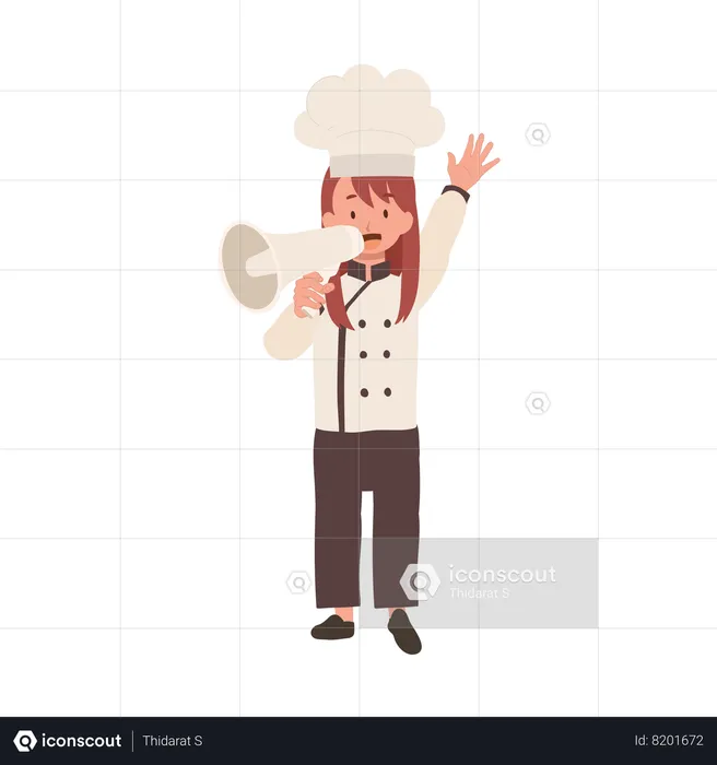 Child Cook in Chef Uniform Making Announcement with Megaphone  Illustration