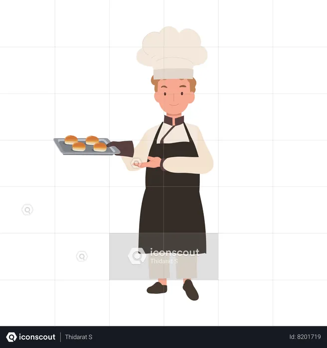 Child Cook in Chef's Hat and Apron Baking a Delicious Bun  Illustration