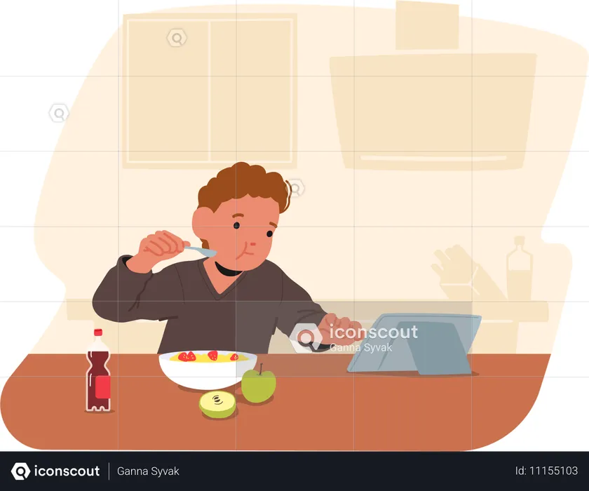 Child Eating Breakfast While Using Tablet  Illustration