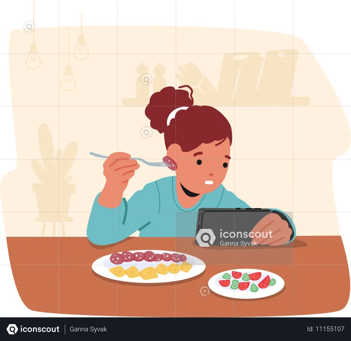 Child Engrossed In Gadget While Eating At Dining Table  Illustration