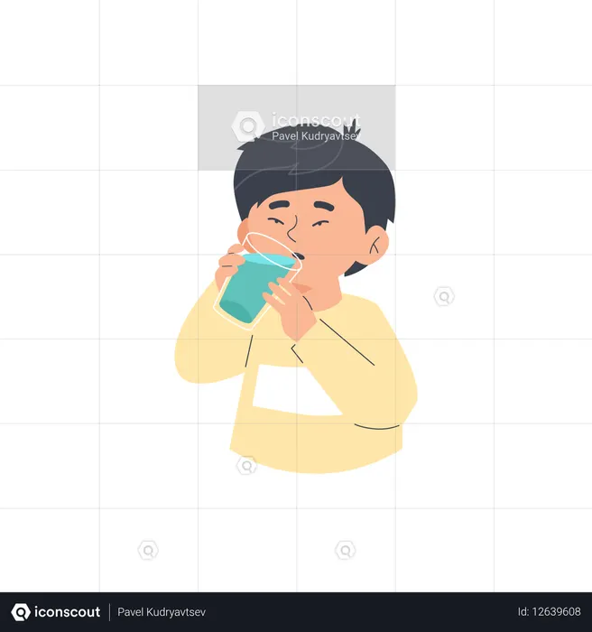 グラスを持って水を飲むのを楽しむ子供  イラスト