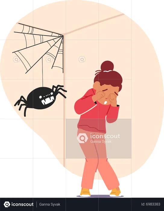 Child experiences arachnophobia  Illustration