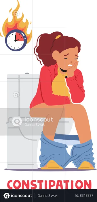 Child Girl Character Sits On The Toilet  Illustration