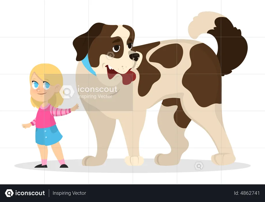 Child girl play with a dog  Illustration