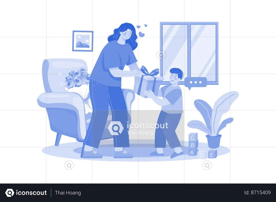 Child giving gift to mother on woman's day  Illustration