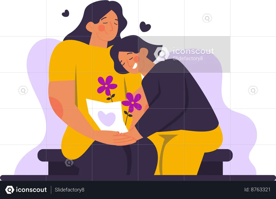 Child Hugging Mother And Giveing Her Flowers  Illustration